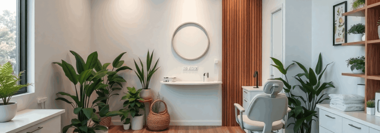 En rolig tandklinik med planter og træelementer, der skaber en imødekommende, naturlig atmosfære, som symboliserer holistisk tandpleje.